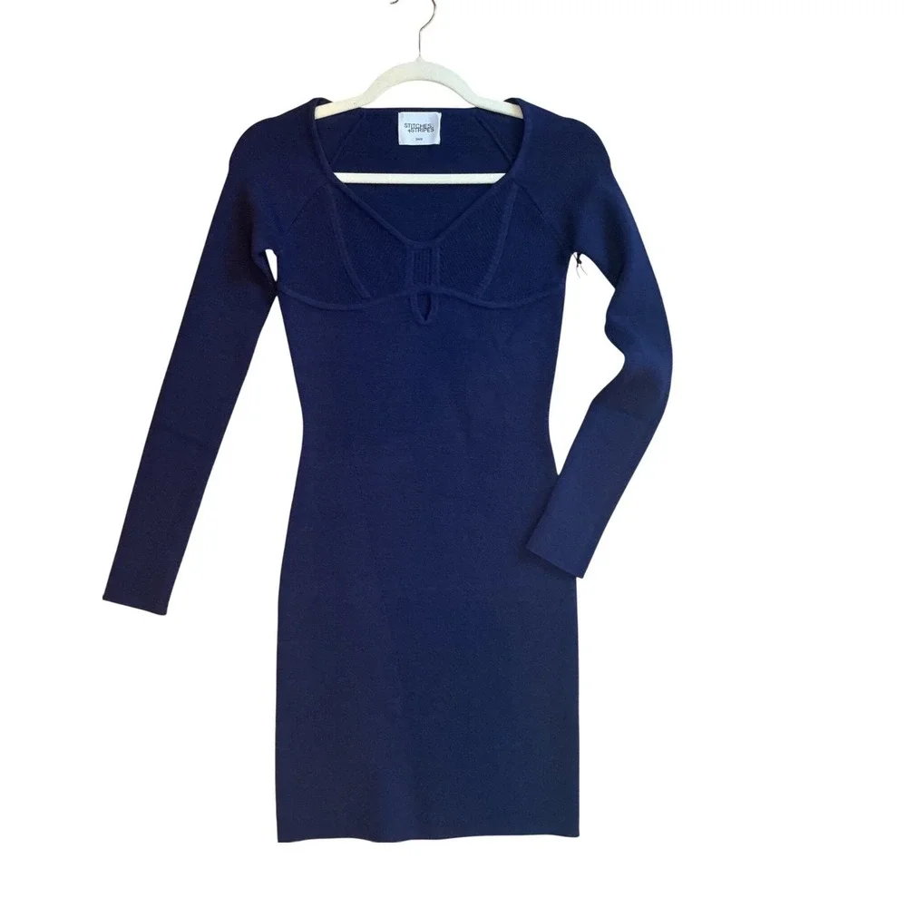 Stitches & Stripes Sapphire Blue Knit Mini Dress Sweetheart Keyhole  S